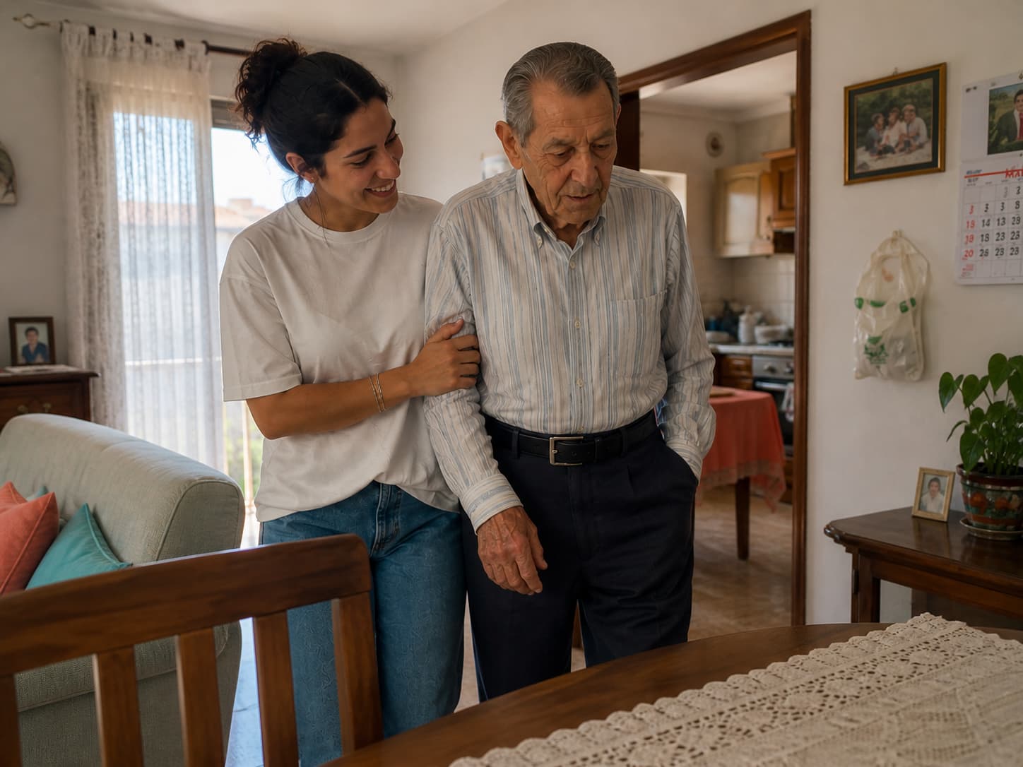 Caregiver supporting an older man at home